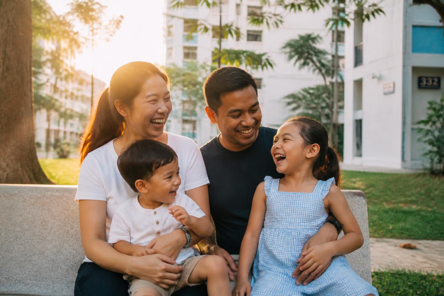 A young multiracial Singaporean family laughing together on a neighbourhood bench at golden hour