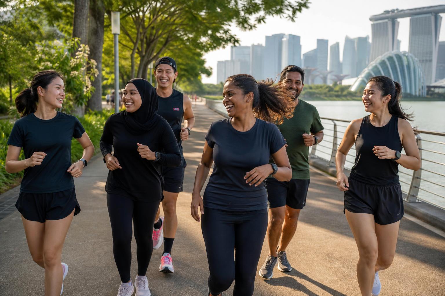 A mixed group of young Singaporean runners — four women and two men — laughing together along a Marina Bay park connector