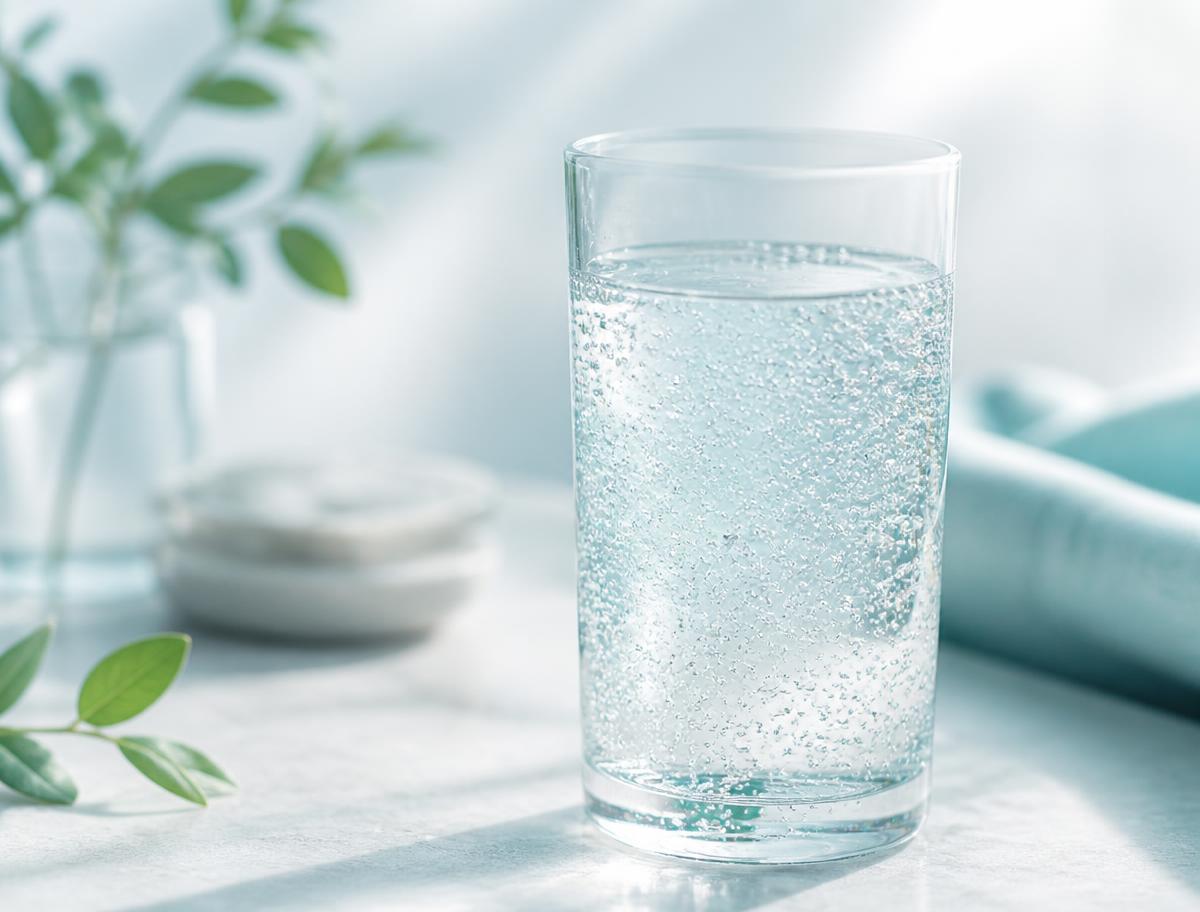 A glass of freshly oxygenated water with fine bubbles in soft morning light